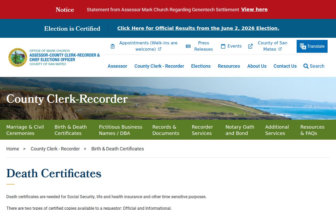 San Carlos people search death certificate request options
