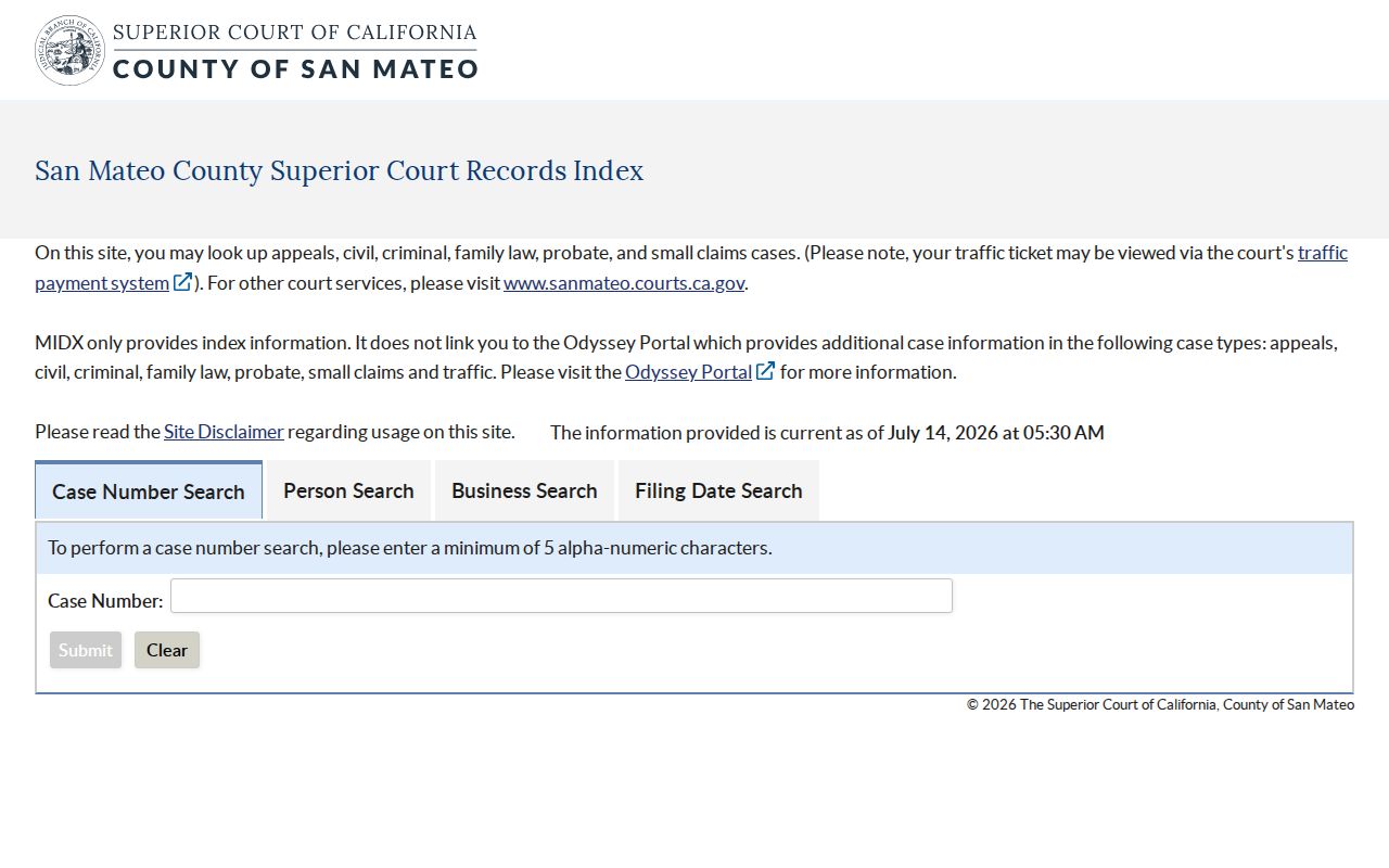 San Carlos public records search fields in the MIDX court index