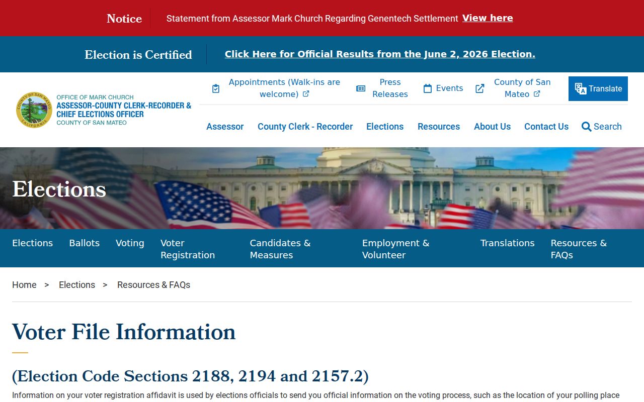 San Carlos voter records file information from San Mateo County Elections